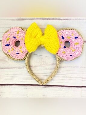 Handmade Pink Donut Crochet Knit Minnie Ears with Yellow Bow